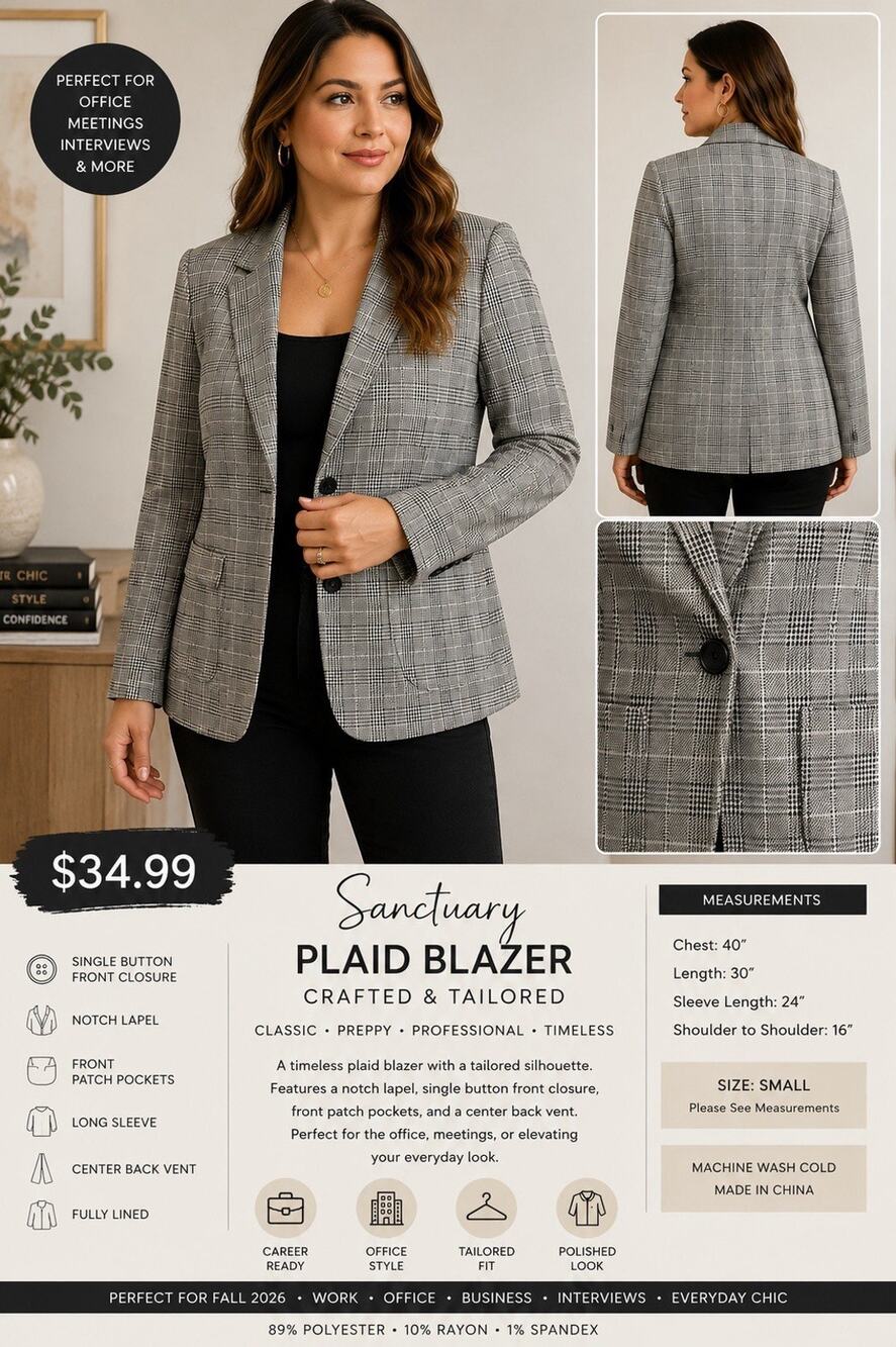 Sanctuary Size Small Plaid Blazer Gray Black Glen Check Tailored Preppy Career